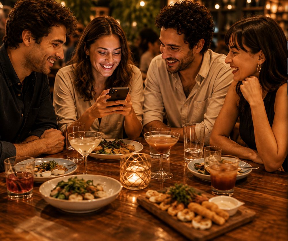 Cuatro amigos riendo en la sobremesa de un restaurante, con los platos y las copas todavía en la mesa.