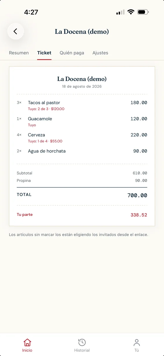 El ticket desglosado en Tablas: cada artículo con su cantidad y precio, quién lo reclamó, el subtotal, la propina, el total y la parte que te toca.