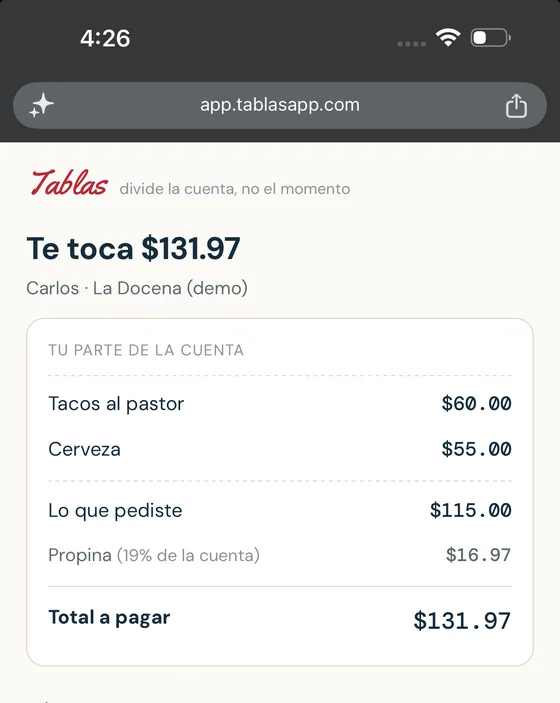 La página del invitado en el navegador: «Te toca $131.97», con el desglose de lo que pidió, su propina proporcional y el total a pagar.