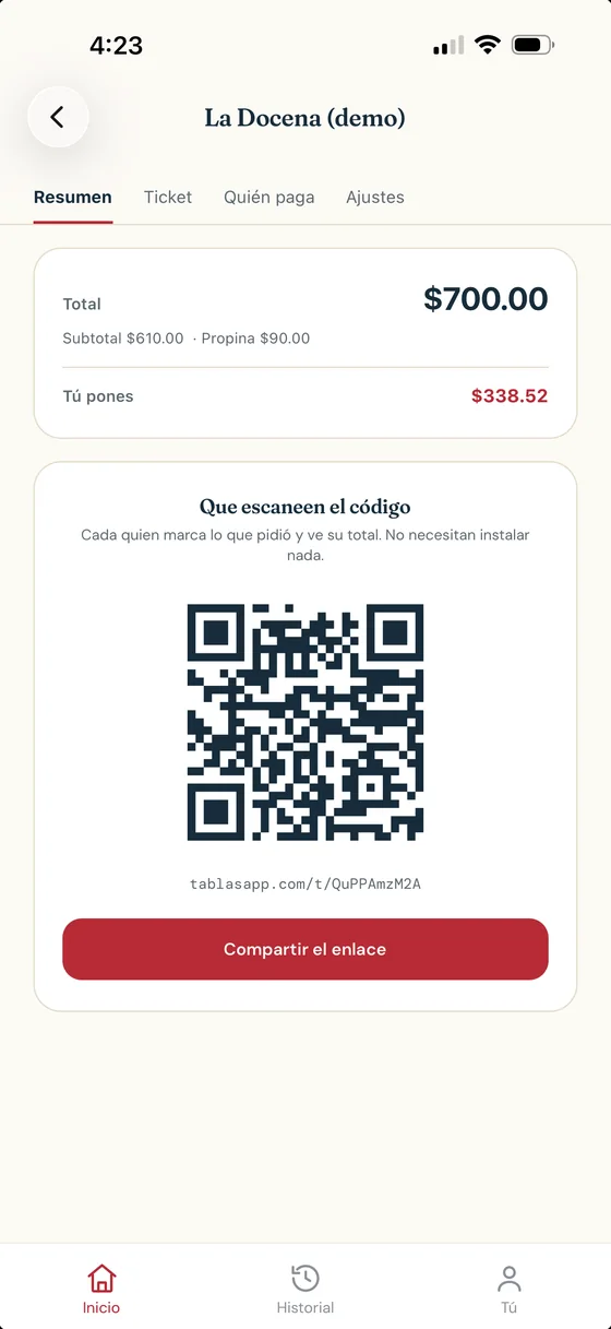 Pantalla de Tablas con el resumen de la cuenta, el código QR para que lo escaneen los invitados y el botón de compartir el enlace.
